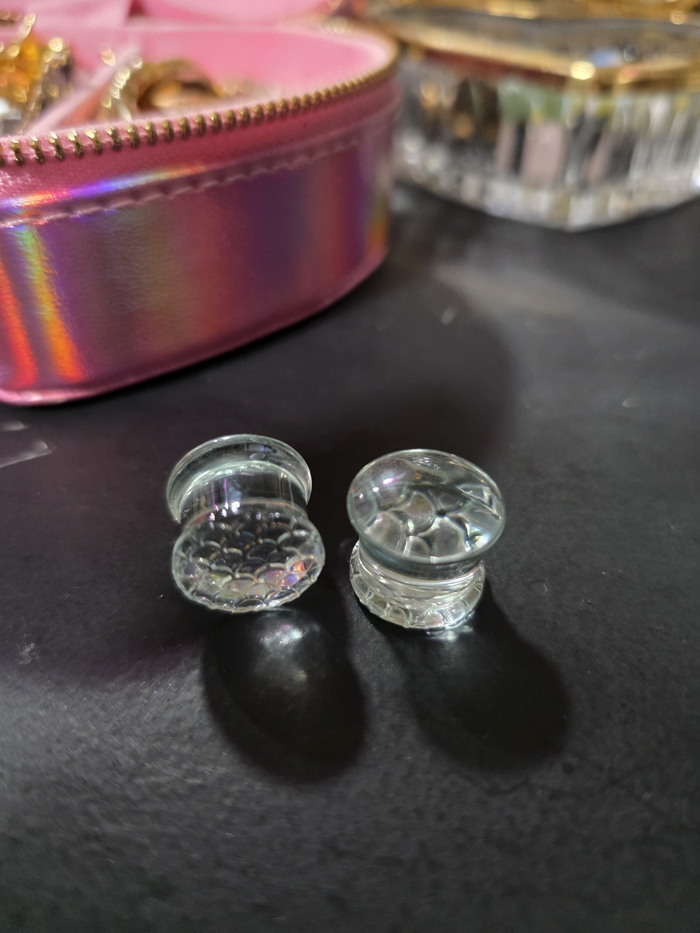 Clear Glass Double-Flare Ear Plugs with Bubble Mermaid Detail